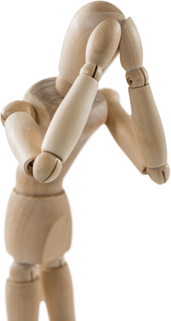 Transparent Wooden Mannequin Displaying Thoughtful Pose with Hands on Head