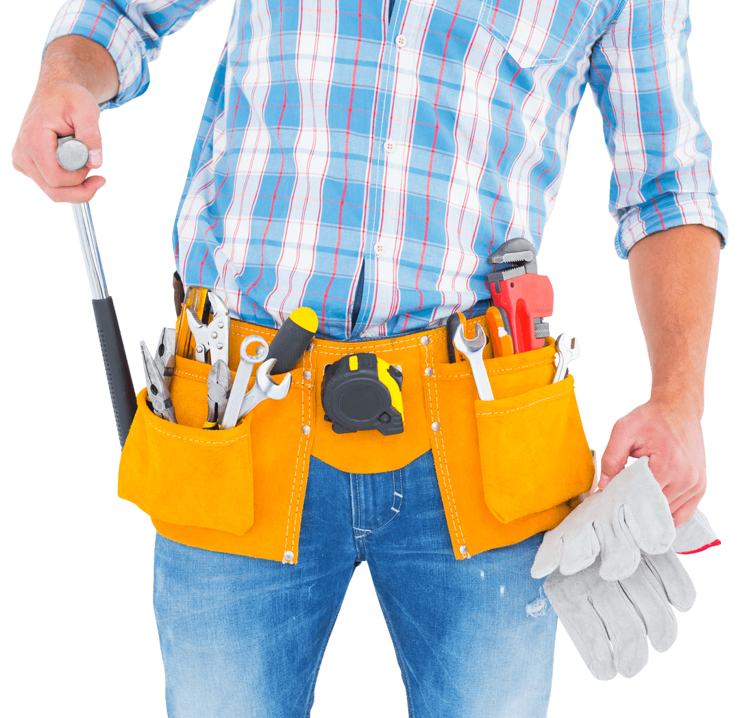 Transparent Midsection of Handyman Holding Tools and Gloves