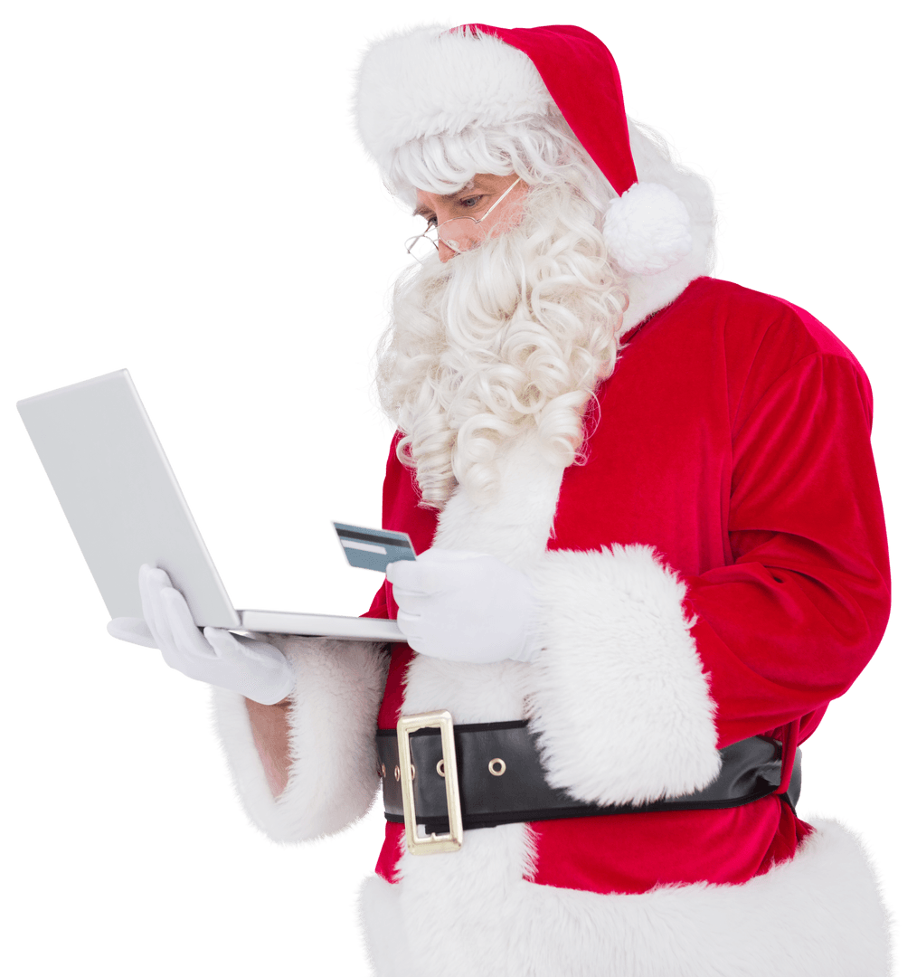 Santa Claus Holding Laptop with Credit Card on Transparent Background