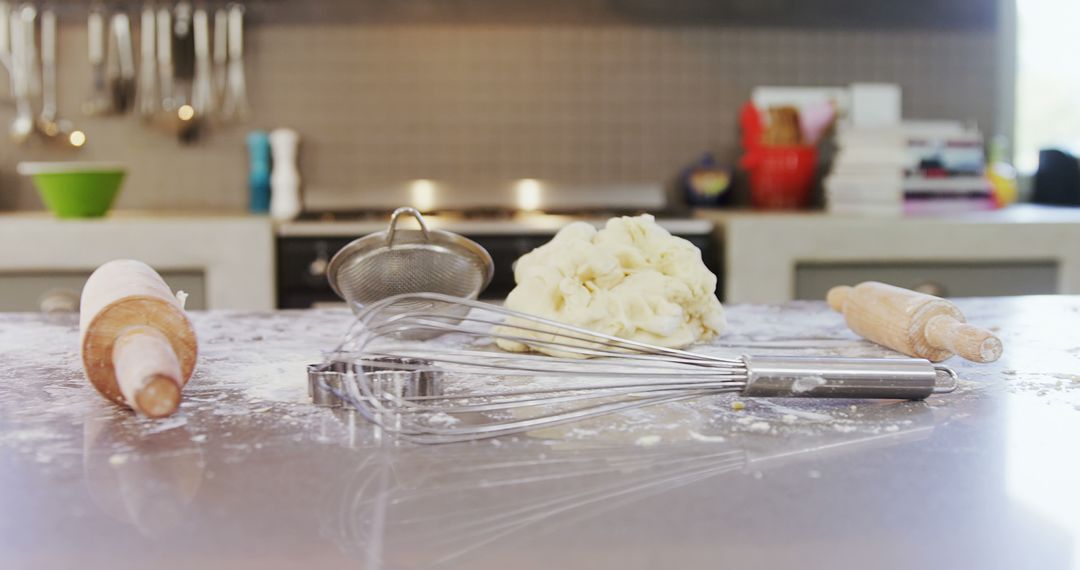 Baking Tools and Dough on Kitchen Countertop