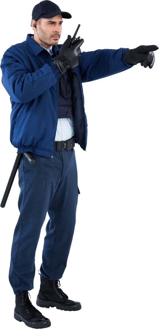 Security Officer Speaking on Walkie Talkie with Transparent Background