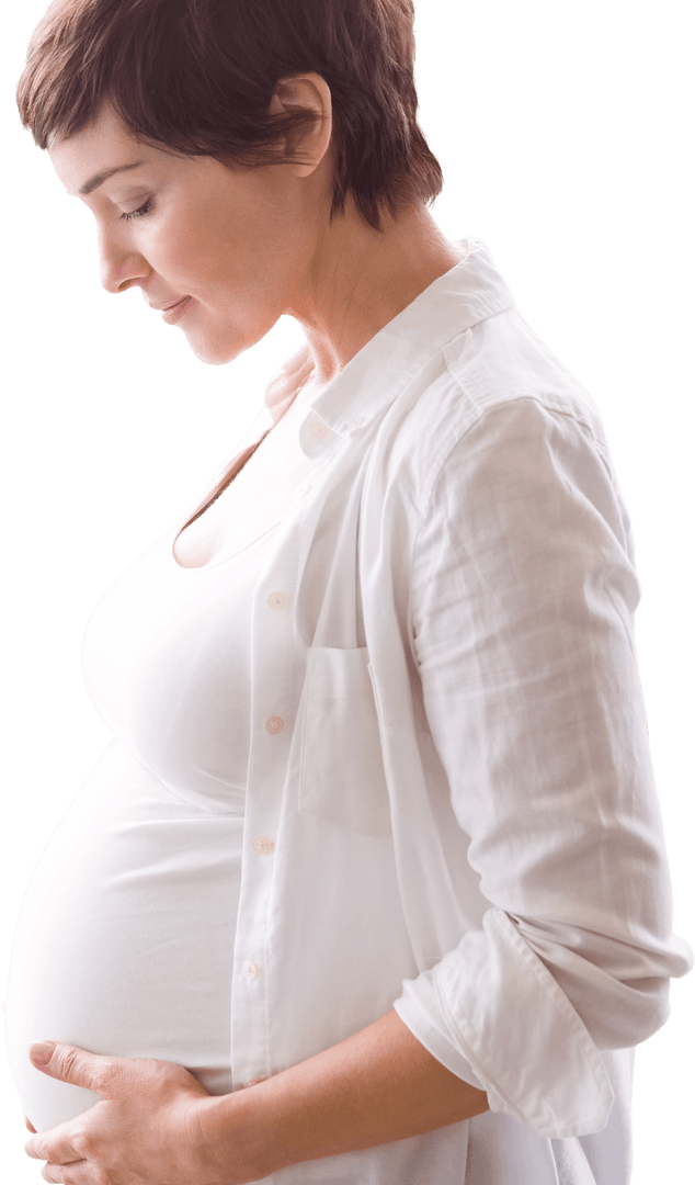 Gradient Transparent Side View Pregnant Woman In Casual White Attire
