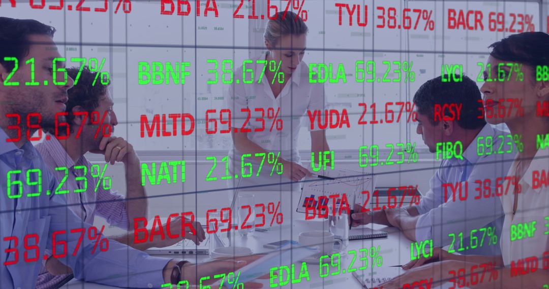 Business Team Analyzing Stock Market Trends with Trading Board Overlay