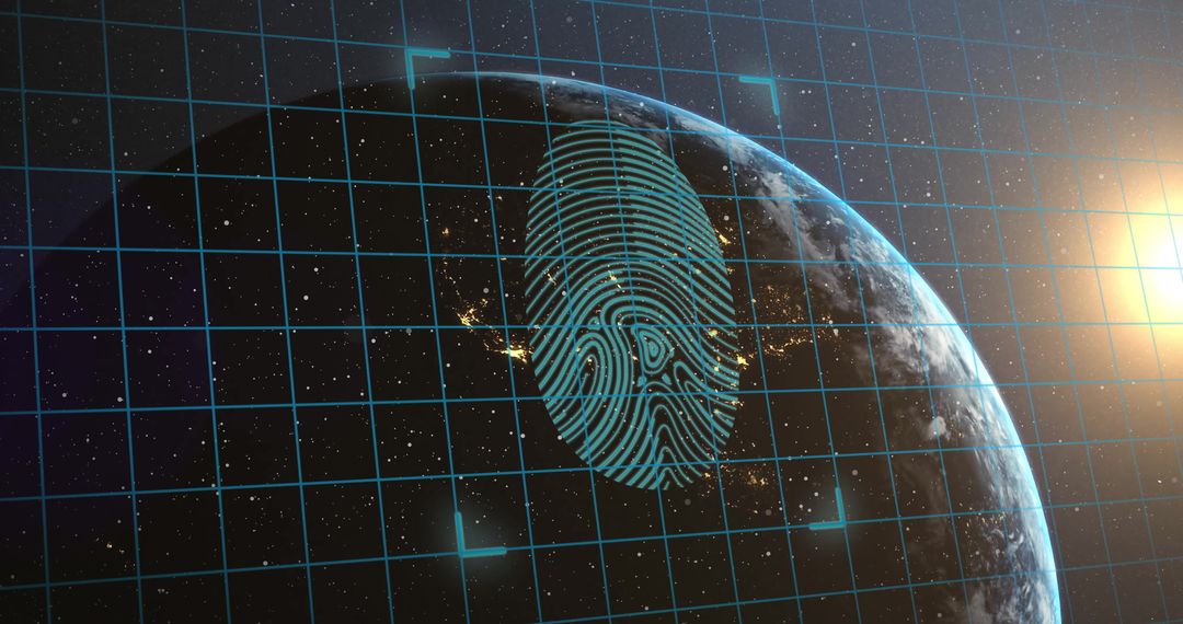 Biometric Fingerprint Overlay on Earth with Digital Grid Design