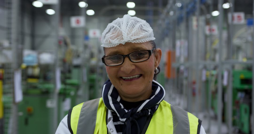 Female Worker in Safety Gear Smiling in Factory Setting - Free Images, Stock Photos and Pictures on Pikwizard.com