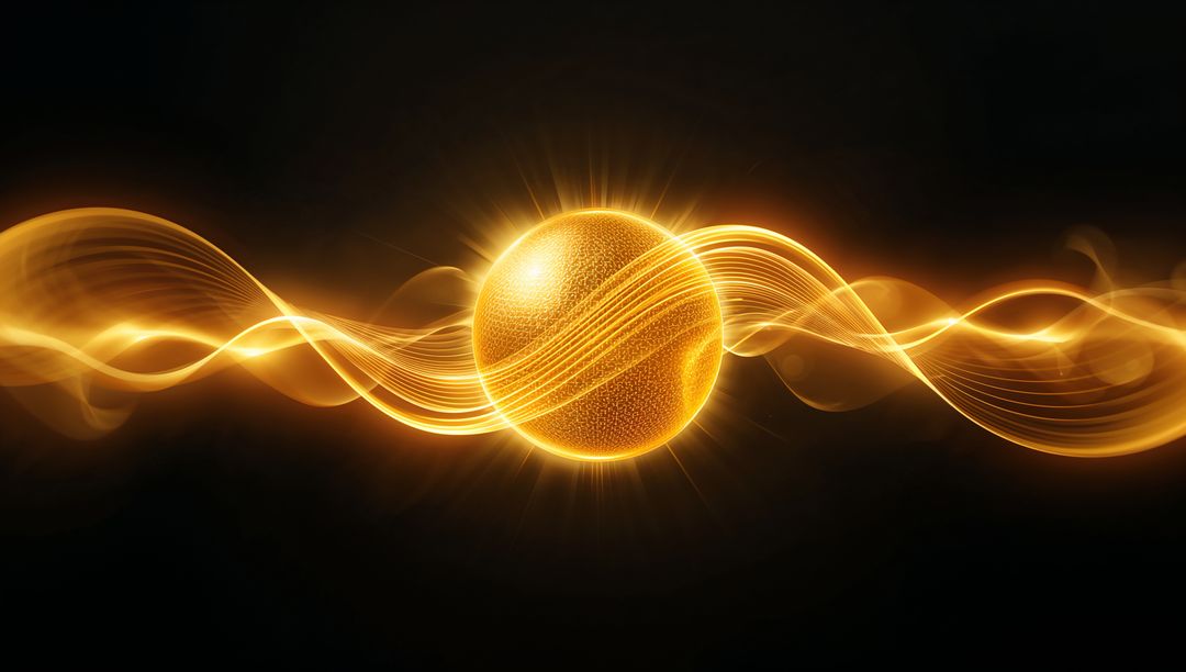Glowing Golden Orb Emitting Halo and Flowing Light Ribbons Across Dark Canvas