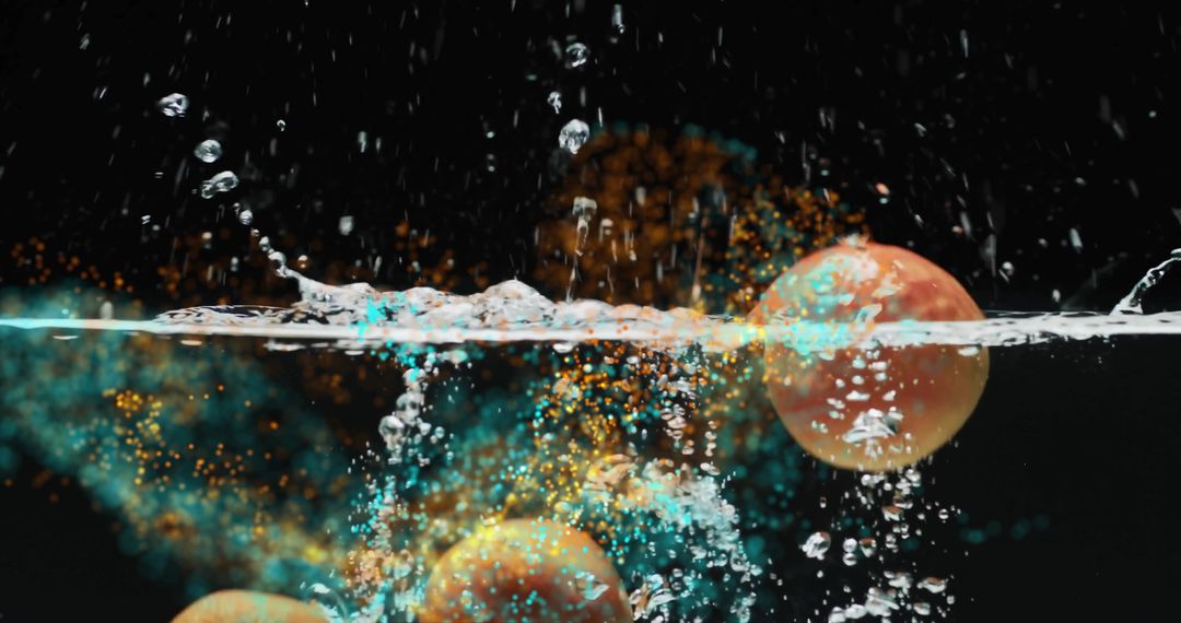 Oranges Floating in Water with Splashing Bubbles and Colorful Leaves