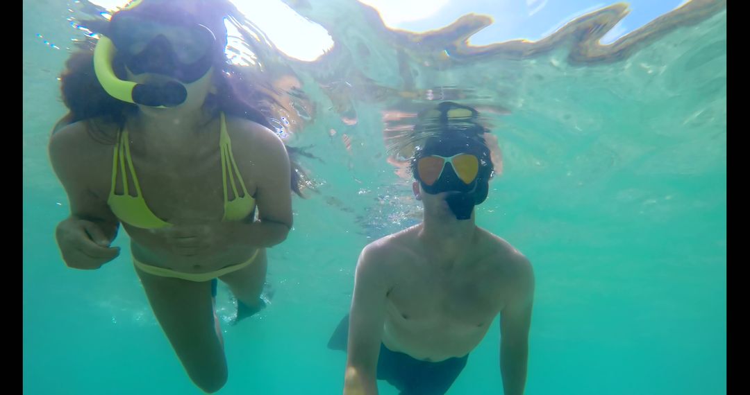 Couple Snorkeling in Clear Tropical Ocean with Face Masks on Sunny Day - Free Images, Stock Photos and Pictures on Pikwizard.com