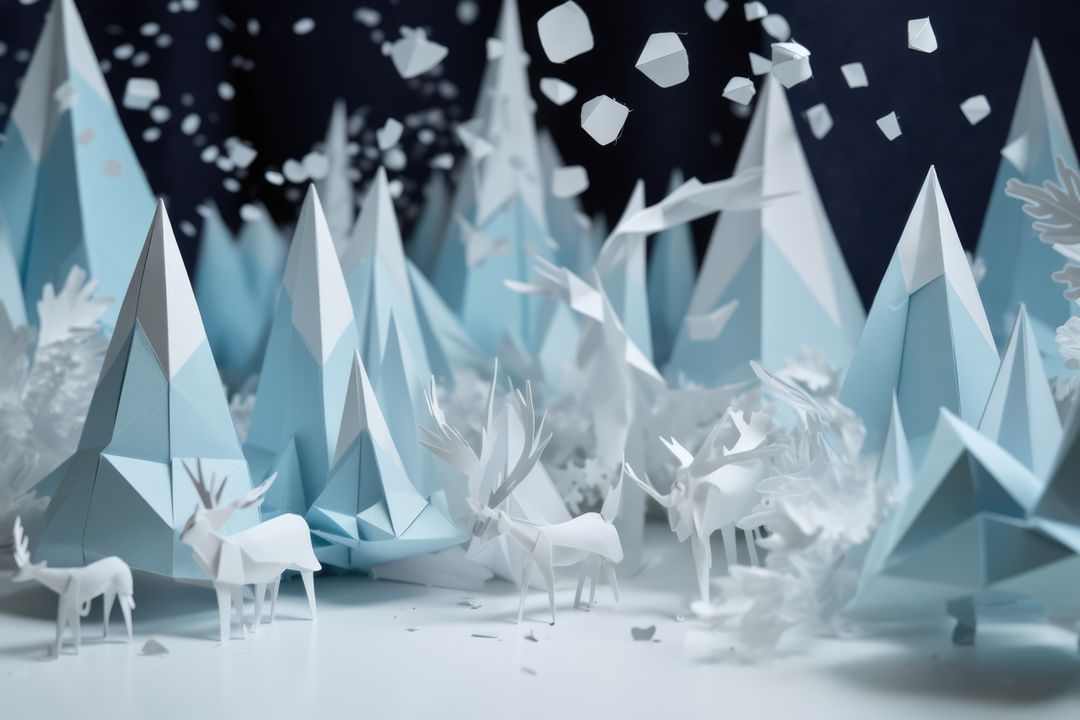 White and blue origami forest and animals in winter, created using generative ai technology - Free Images, Stock Photos and Pictures on Pikwizard.com