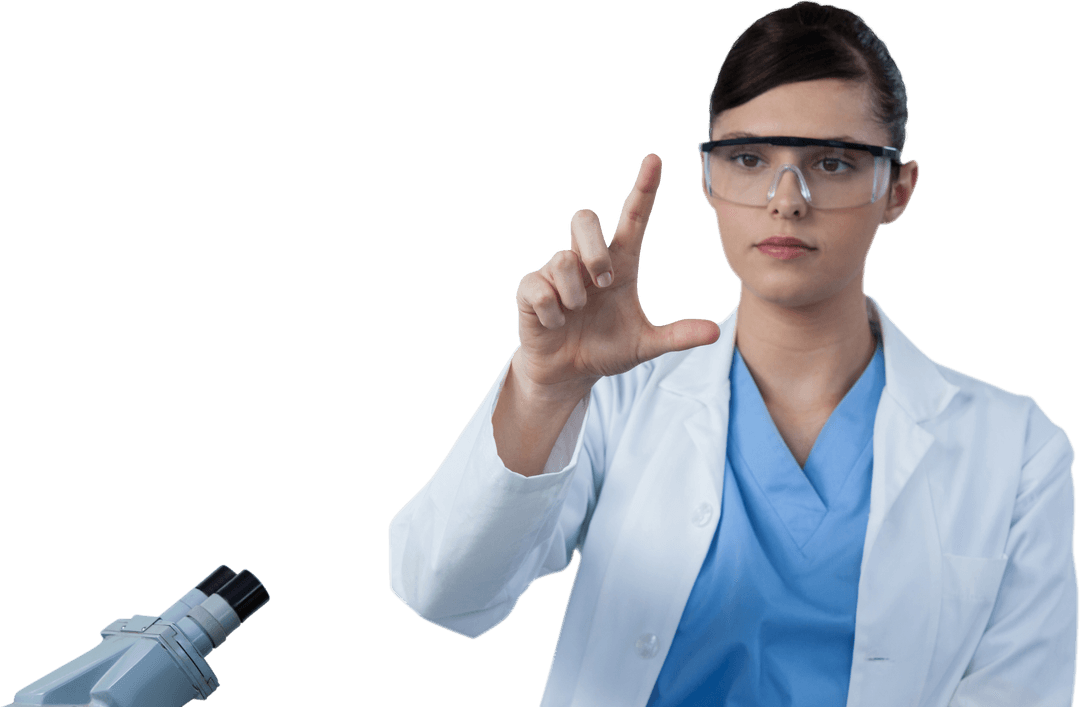 Female Scientist in Lab Coat Using Invisible touchscreen, Transparent Background - Download Free Stock Images Pikwizard.com