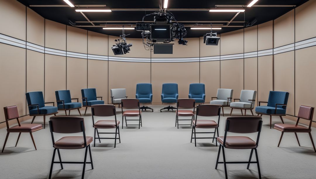 Conference Room Setup for Seminar with Metallic Chairs and Studio Lights