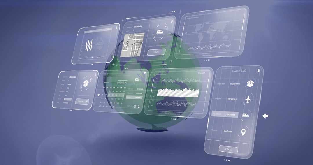 Futuristic Global Data Visualization Interface with Digital Panels
