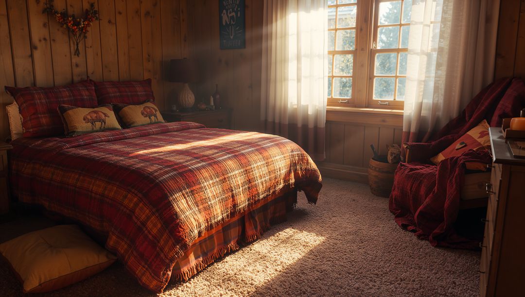 Cozy Rustic Cabin Bedroom with Plaid Comforter and Moose Print Accents