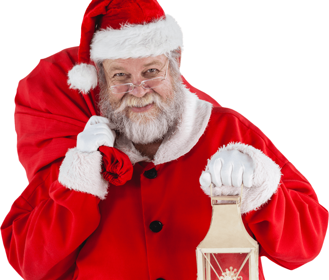 Transparent Portrait of Smiling Santa Claus with Bag and Lantern