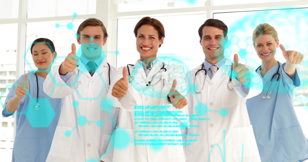 Smiling Medical Team Giving Thumbs Up with Digital Data Overlay