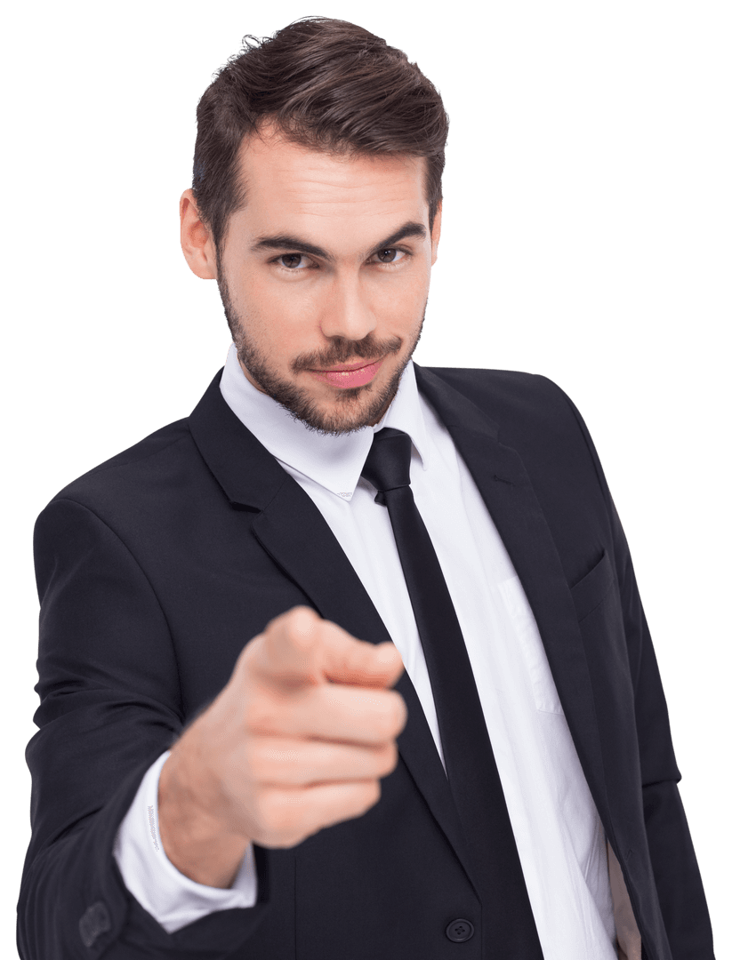 Confident Businessman in Suit Pointing with Transparent Background