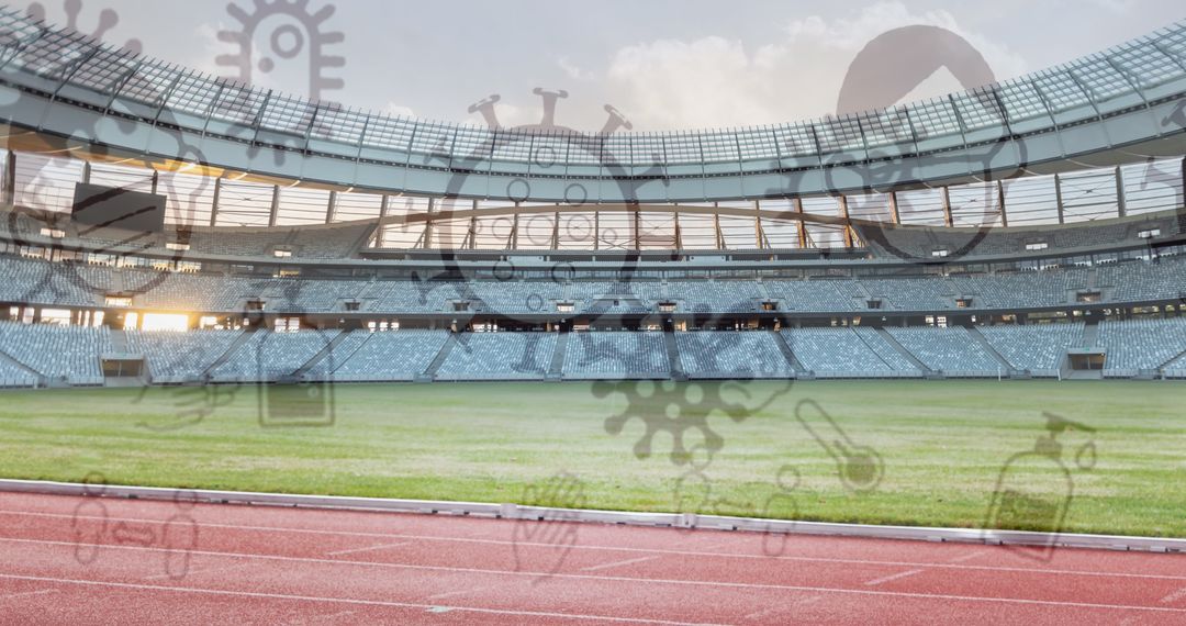 Empty Stadium with Overlaid Coronavirus Icons