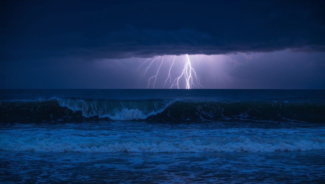 Dramatic Lightning Storm Over Ocean at Night Captured from Shoreline