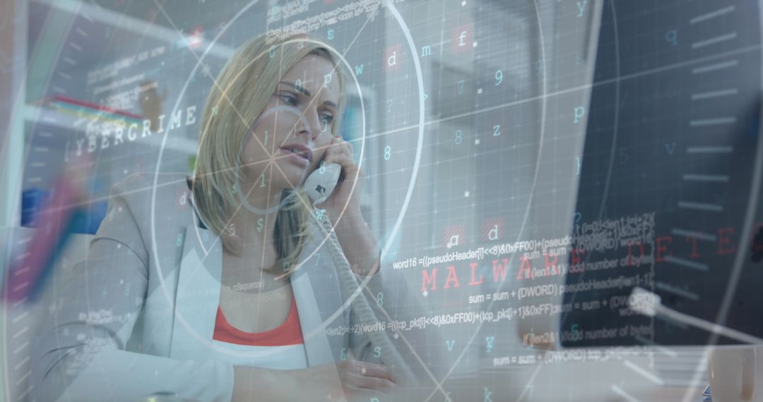 Businesswoman Analyzing Cybersecurity Data in Office