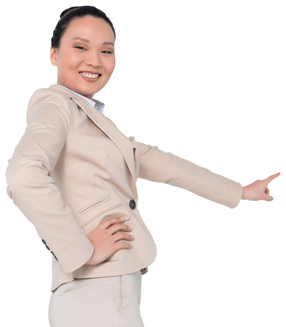 Joyful Asian Businesswoman Pointing on Transparent Background