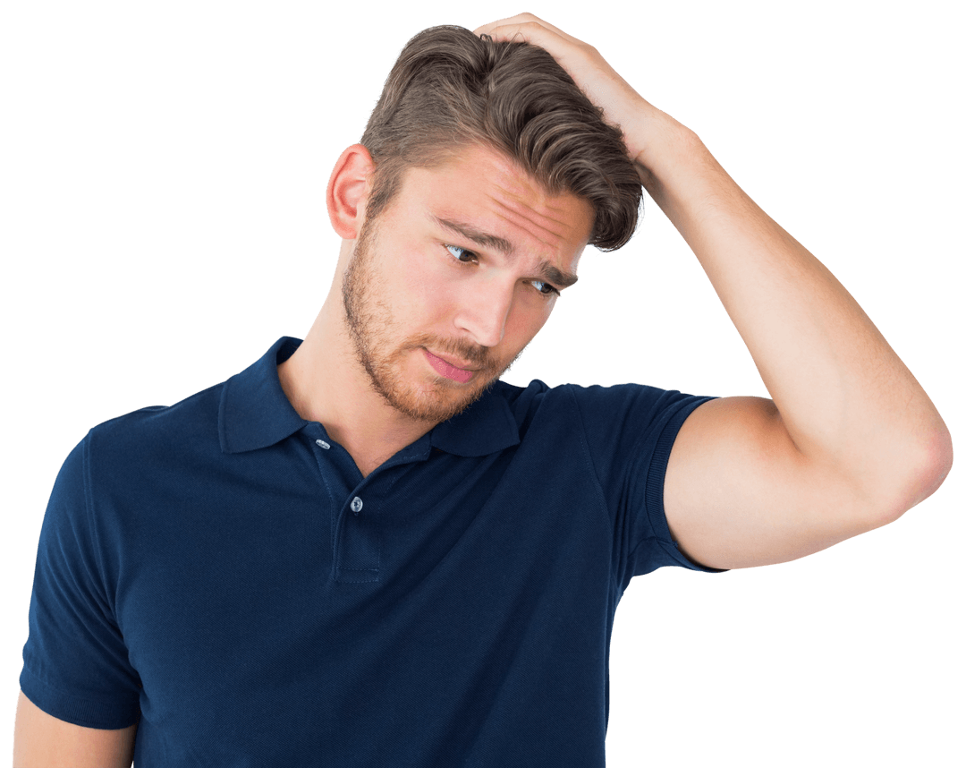 Transparent Image of Pensive Man Touching Head in Thoughtful Expression