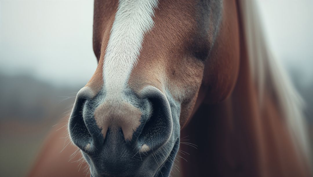 Close-up of Horse Muzzle with White Blaze During Overcast Day
