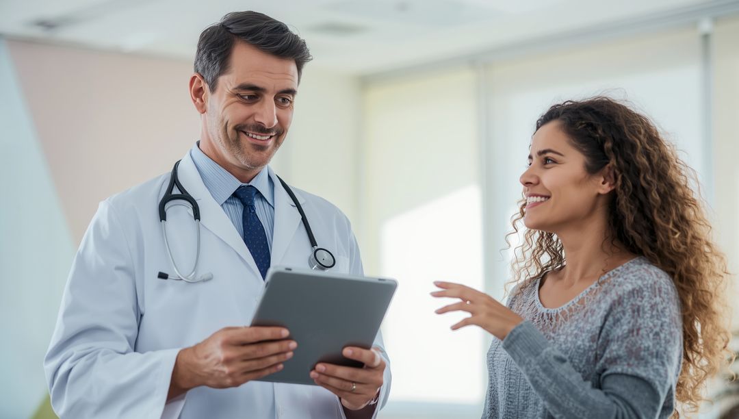 Friendly Doctor Discussing with Nonbinary Patient in Modern Clinic