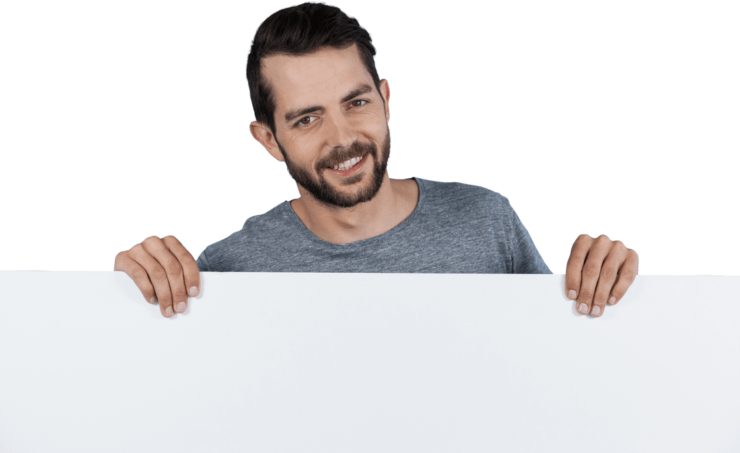 Portrait Smiling Man Holding Blank Cardboard Transparent Background