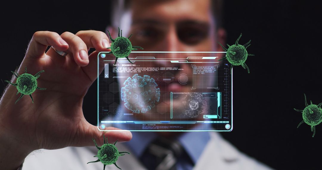 Scientist Analyzing Virus Data on Holographic Display