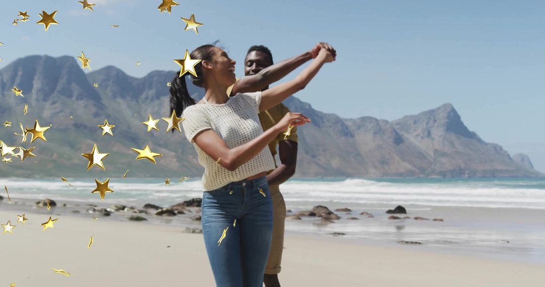 Joyful Couple Dancing on Scenic Beach with Golden Confetti