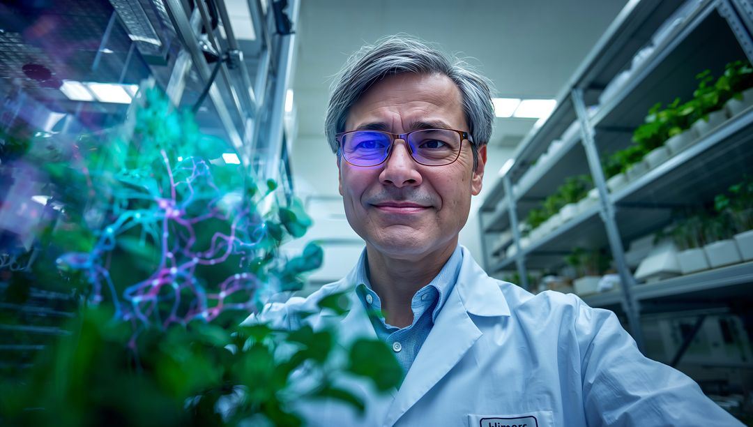 Scientist examining potted plants with holographic neural data overlay in modern lab