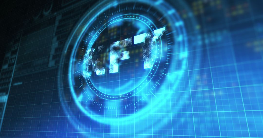 Digital NFT Rotating in Neon Blue Cyber Space