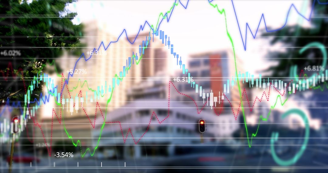 Financial Data Superimposed on Modern Cityscape with Traffic