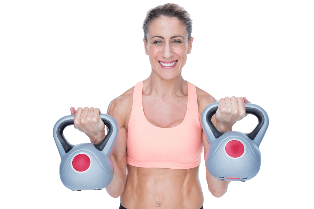 Smiling Female Crossfitter Lifting Kettlebells on Transparent Background