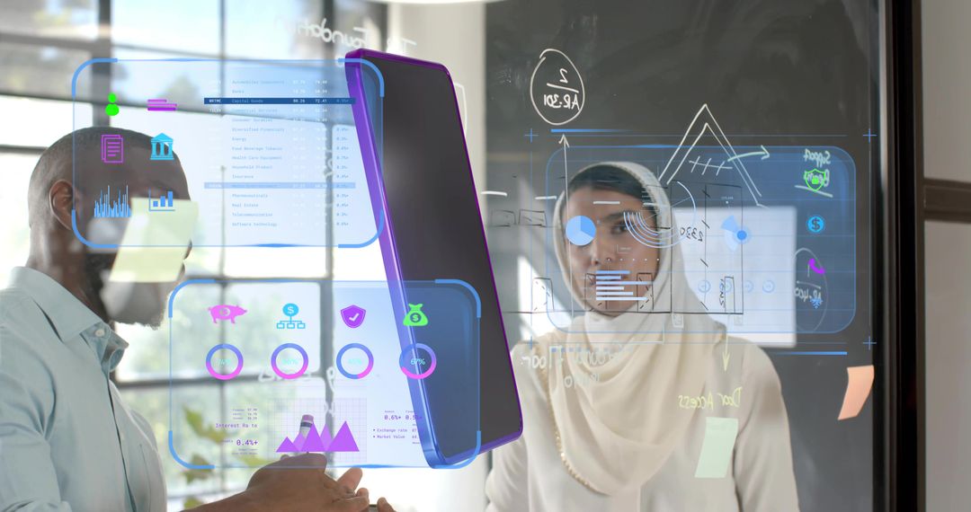 Diverse Professionals Analyzing Data on Holographic Glass Panel