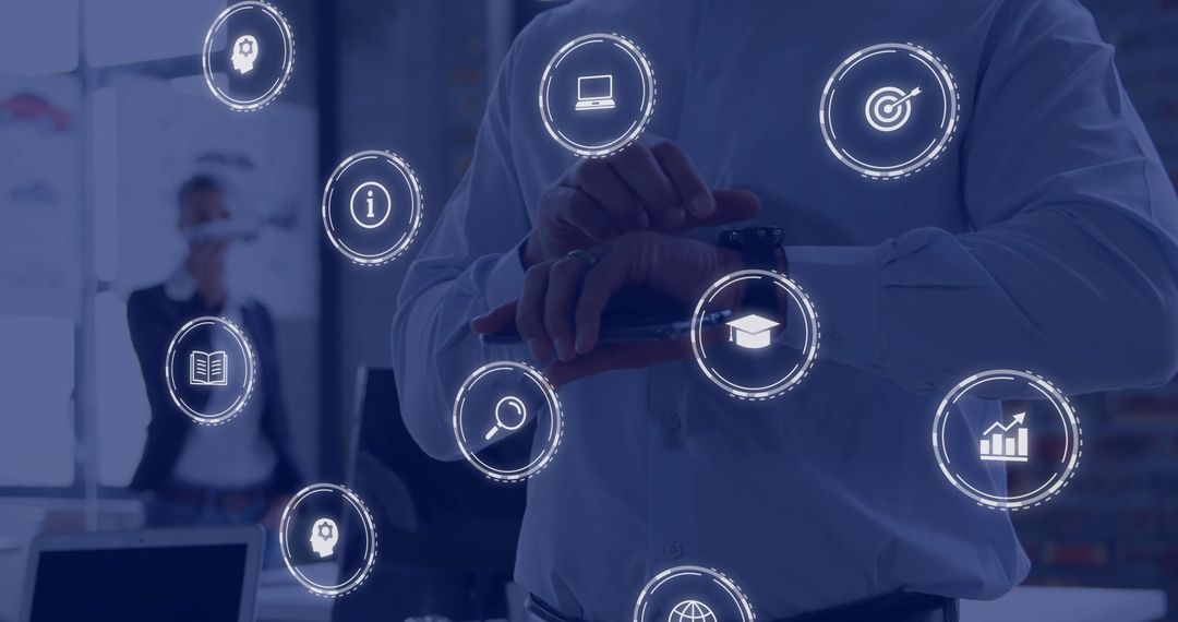 Businessman Using Smartphone with Digital Interface Icons