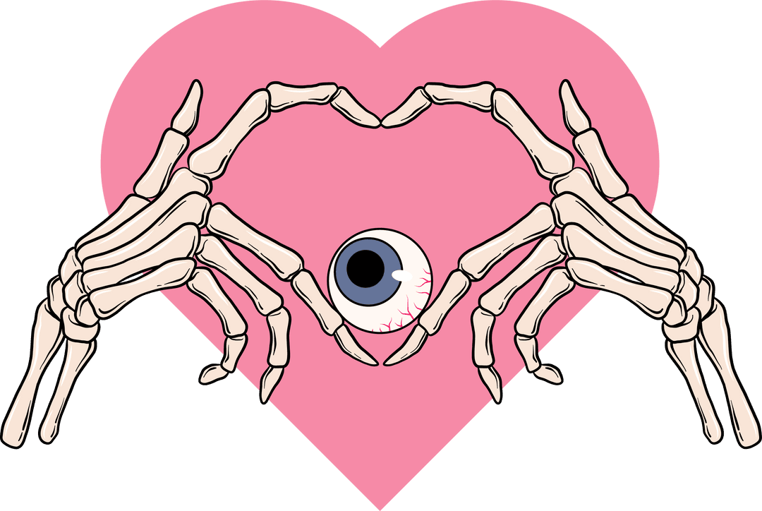 Skeletal Hands Over Heart Enclosing Eyeball, Transparent Design
