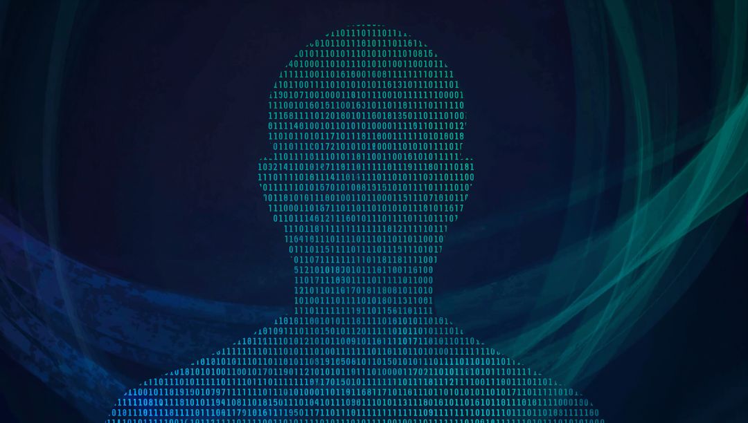 Binary Silhouette Forming Human Profile with Teal Digital Ribbon Waves for AI