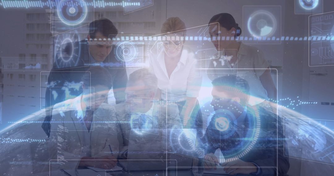 Business Team Analyzing Holographic Data Projections