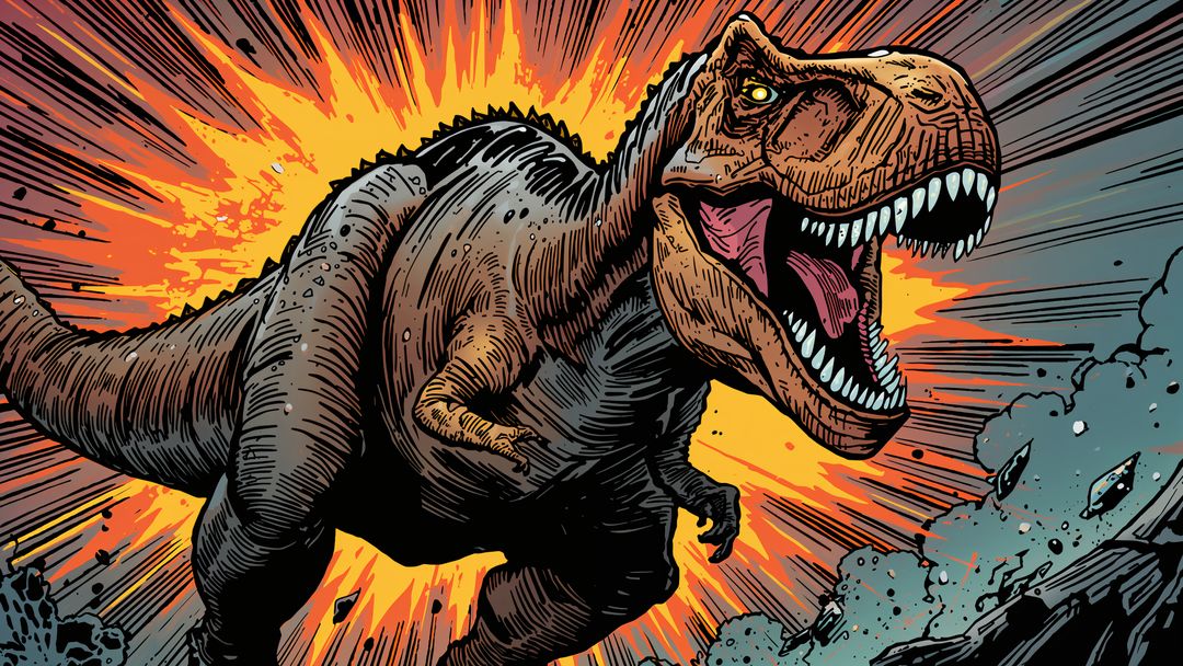 Charging T. Rex with Explosive Background in Prehistoric Scene