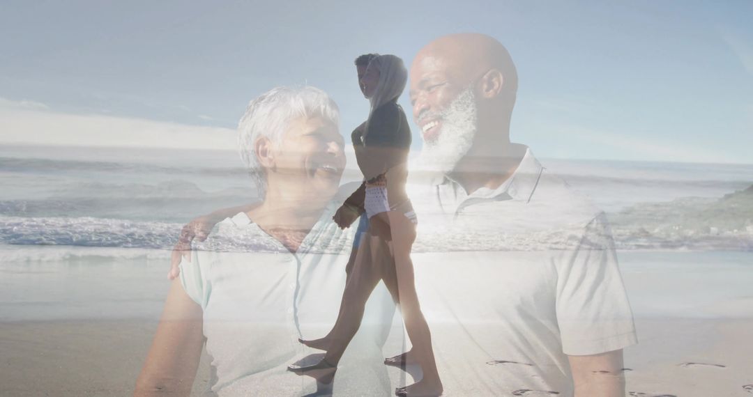 Mature Couple Enjoying Romantic Beach Outing with Strolling Woman Overlay