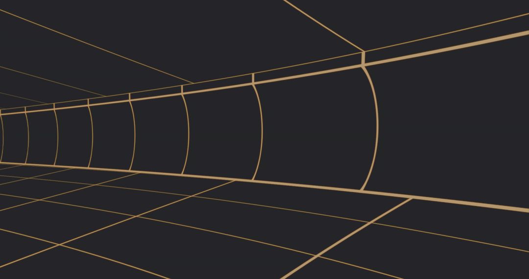 Futuristic Gold Tunnel with 3D Grid Lines