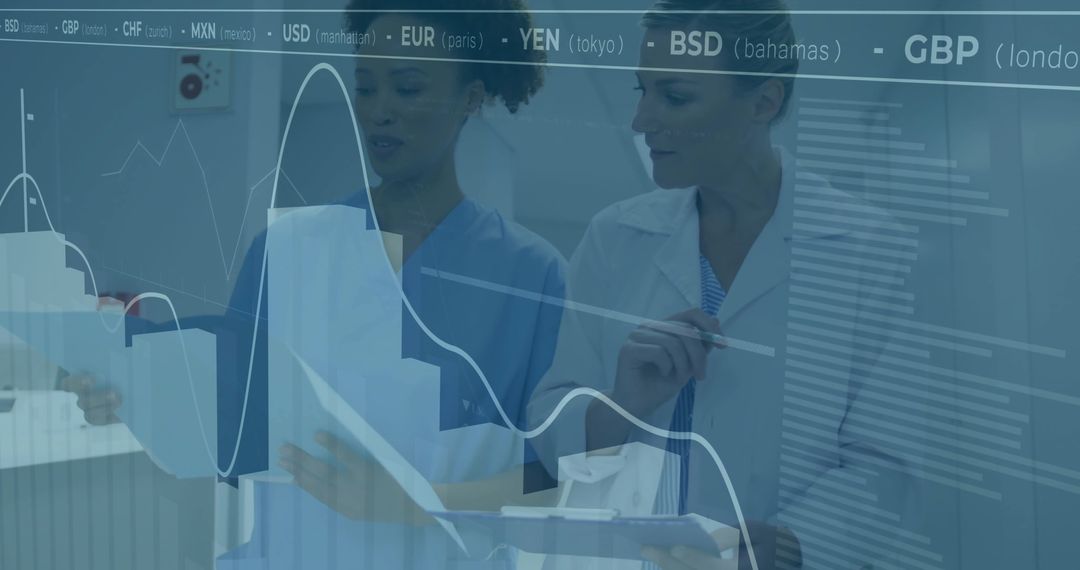 Healthcare Professionals Analyze Data with Technology Overlay
