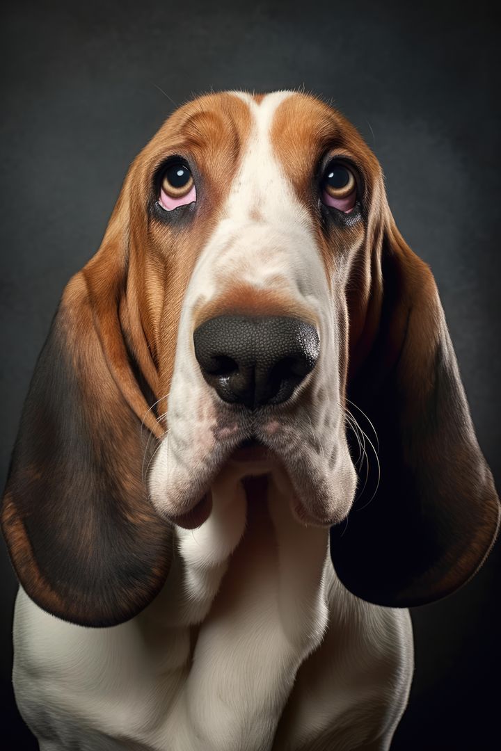 Portrait of cute basset hound on dark blue background, created using generative ai technology - Free Images, Stock Photos and Pictures on Pikwizard.com
