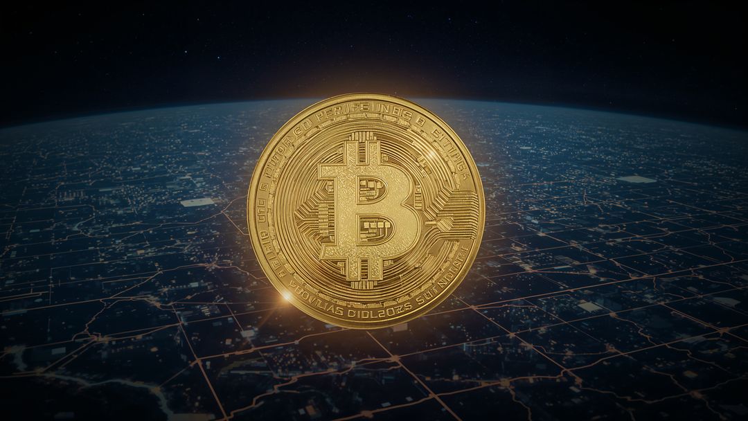 Golden Bitcoin Glowing Above Earth's Technology Network Grid