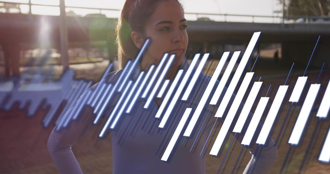 Focused female athlete standing under overpass with blue soundwave overlay and backlit