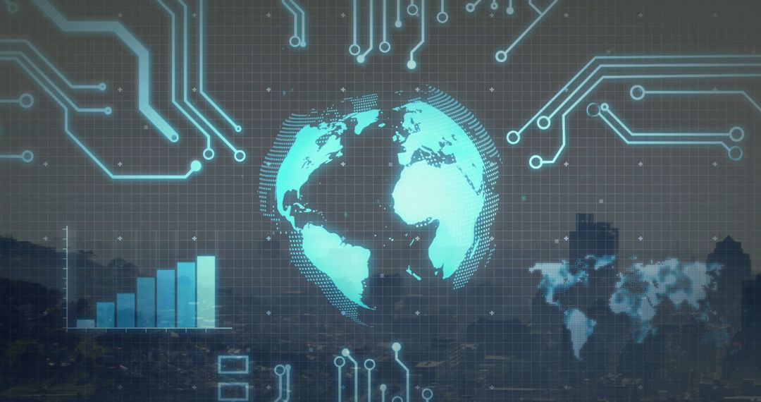 Holographic Earth Globes and Futuristic Circuitry Over Skyline