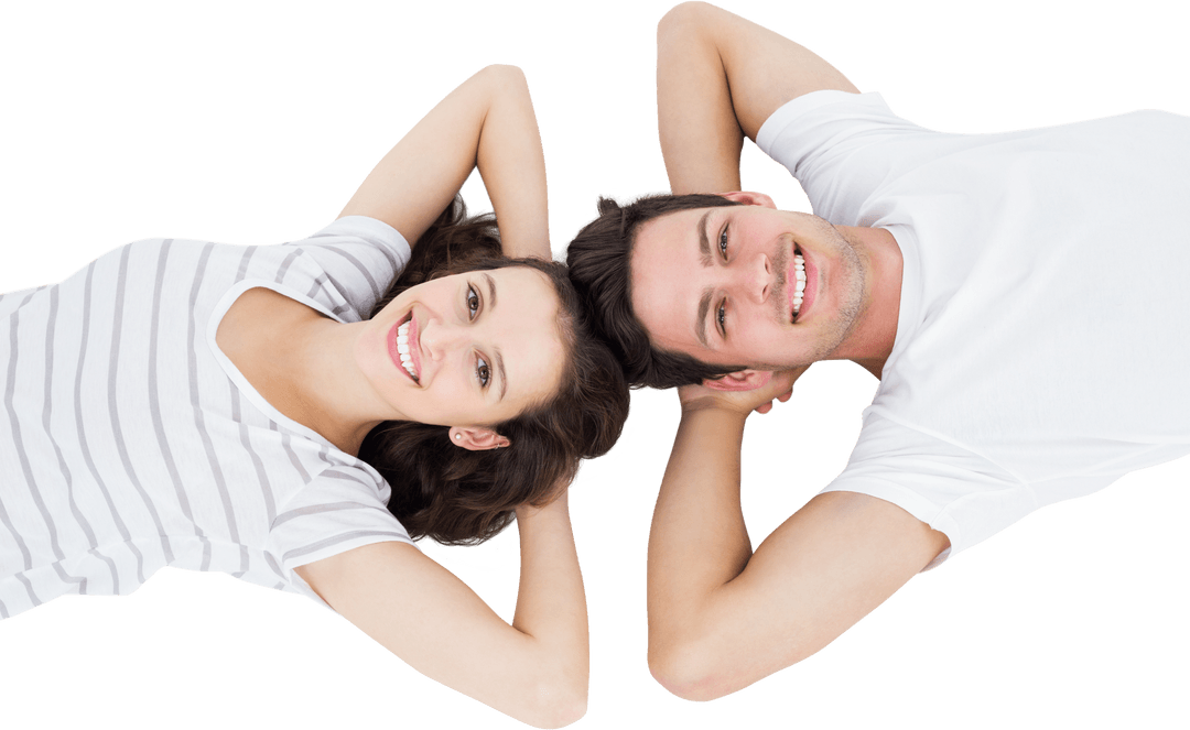 Transparent Happy Couple Lying Head to Head Smiling Joyfully