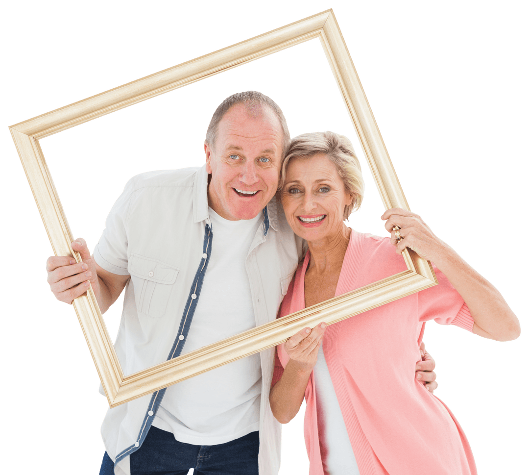Joyful Senior Couple Smiling Through Picture Frame Transparent