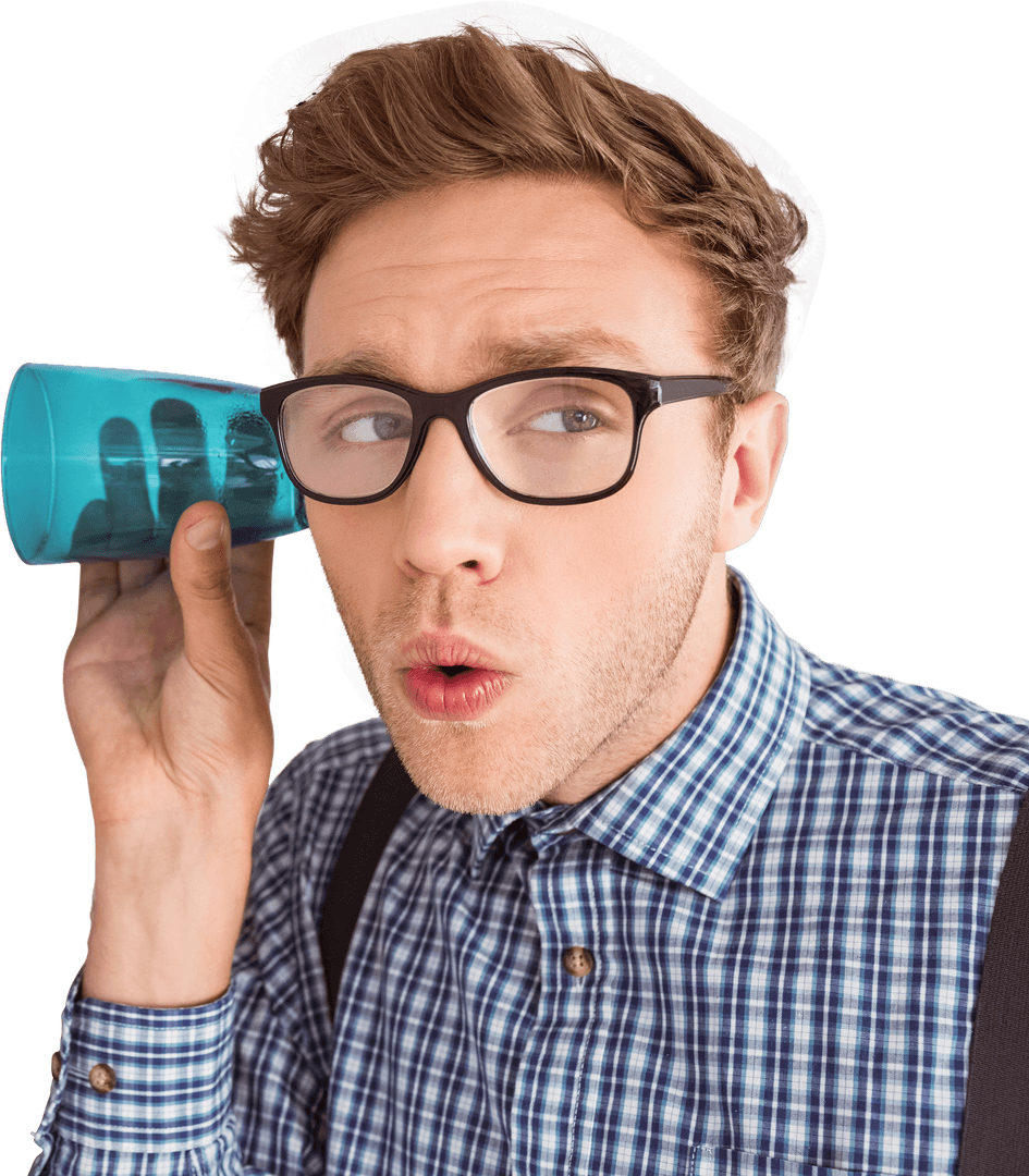 Geeky Man with Glasses Eavesdropping with Transparent Cup